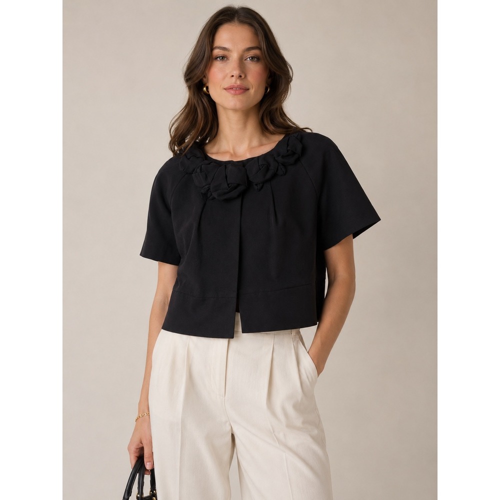 Rebecca Taylor‎ Cropped Jacket Womens 6 Black Rosette Neck Y2K Coquette Chic